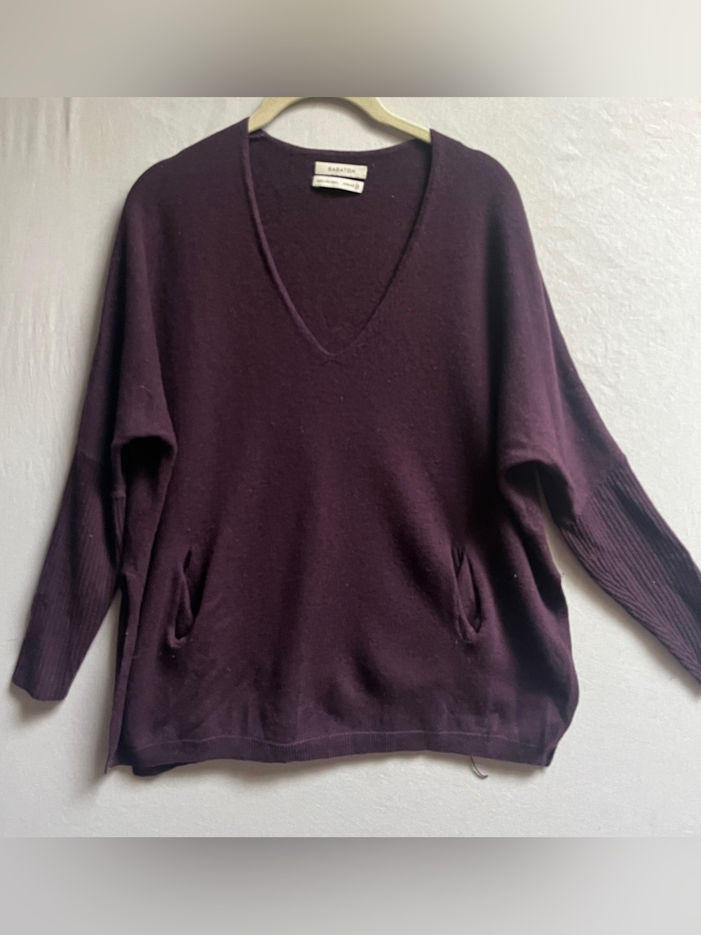 Babaton Wool Linen Blend Deep Plum V-Neck Oversized Sweater XS
